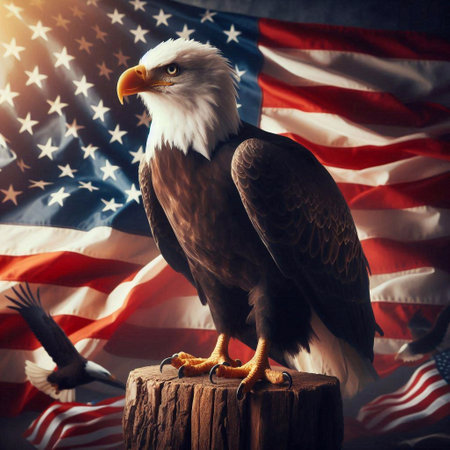 American eagle on a wooden stump against the background of the American flag.の素材