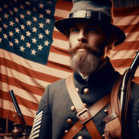 Portrait of a bearded man in a military uniform on the background of the American flag.の素材