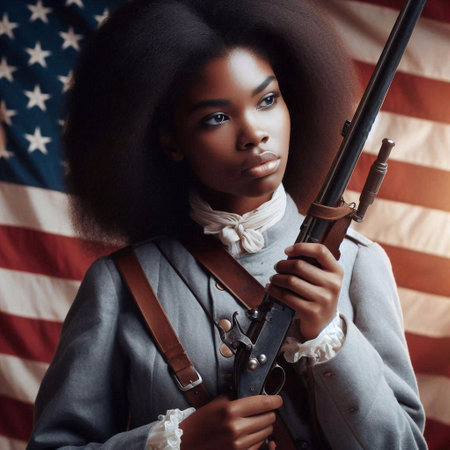 Beautiful african american woman with gun and american flagの素材