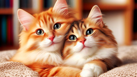 Cute ginger cat and red maine coon lying on the bedの素材