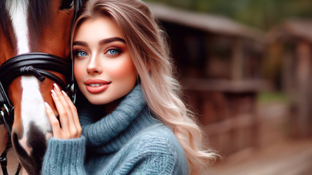 Portrait of a beautiful young woman in a blue sweater with a horse.の素材