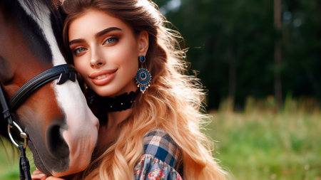 Portrait of a beautiful young woman with a horse in the fieldの素材