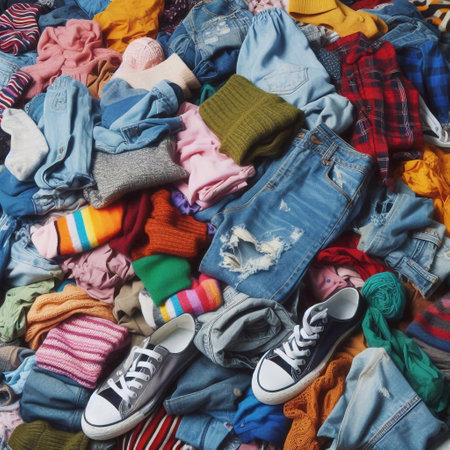 Pile of colorful clothes with sneakers, top view. Clothes backgroundの素材