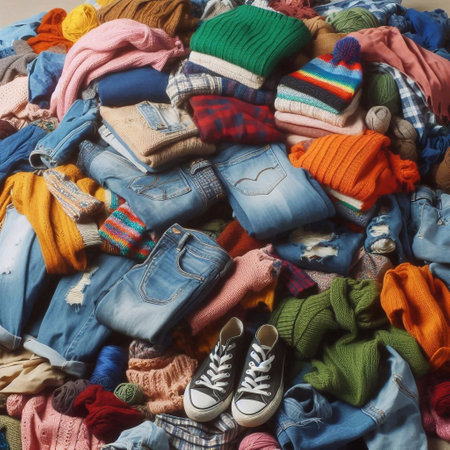 A pile of colorful woolen clothes with a pair of sneakers.の素材