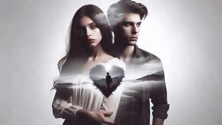 Young couple in love with a big heart on a white background.の素材