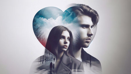 Digital composite of Couple in front of heart with clouds and skyの素材