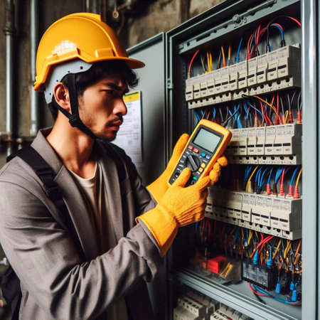 Engineer or Technician using digital multimeter for checking electrical equipment.の素材