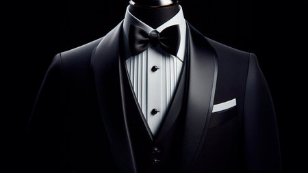 Tuxedo with bow tie on mannequin on black backgroundの素材