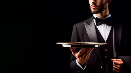 Close-up of a waiter holding a tray on a black backgroundの素材