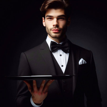 Portrait of handsome young man in tuxedo holding tablet computerの素材