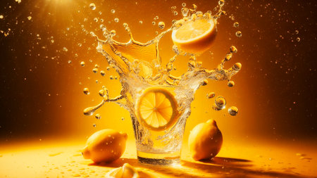 Lemon splashing into a glass with water on a yellow backgroundの素材