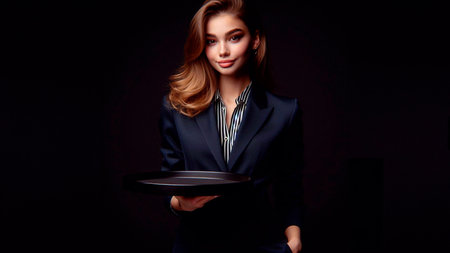Beautiful young woman in a black suit with a tray in her handsの素材