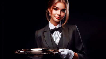 Portrait of a beautiful young waitress holding a tray on a black backgroundの素材