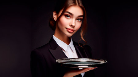 Portrait of a beautiful young woman in black suit holding a trayの素材