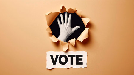 Man's hand coming out of a hole in paper with the word voteの素材