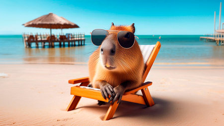 Cute guinea pig with sunglasses on the beach. 3d renderingの素材