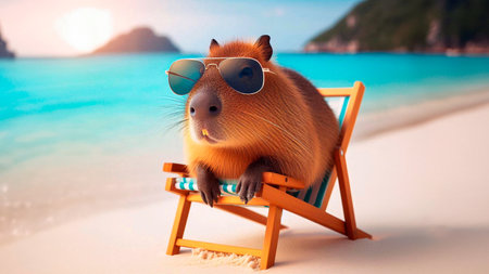 Cute hamster in sunglasses on a beach chair at sunset.の素材