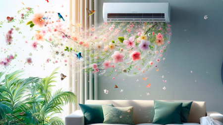 Air conditioner with flying flowers in the air. 3d renderingの素材