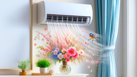 Air conditioner in the room with flowers and bird on the wallの素材