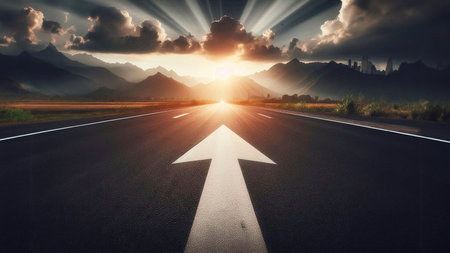 Asphalt road leading to the sunset. 3d render illustration.の素材