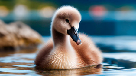 Close up of a beautiful young mute swan chick swimming in the waterの素材