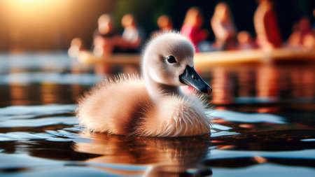 Young swan swimming in the lake on a sunny summer day.の素材