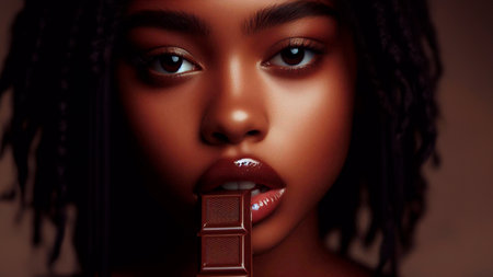 Close-up portrait of young African American woman eating chocolate.の素材