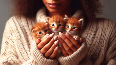 Beautiful young woman with cute little kittens on hands, closeupの素材