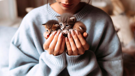 Cute little kittens in the hands of a girl in a blue sweater.の素材