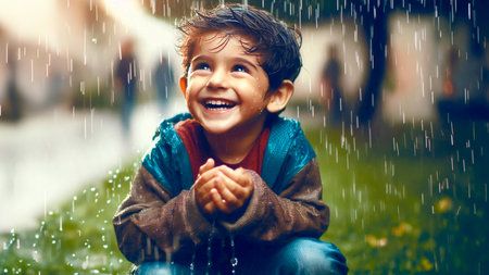 Portrait of a cute little boy playing with water in the rainの素材