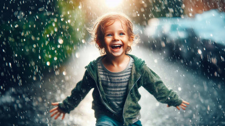 Little boy playing in the rain. Happy child having fun outdoors.の素材