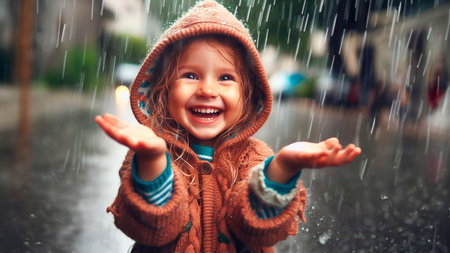 Adorable little girl playing in the rain. Cute child having fun outdoors.の素材