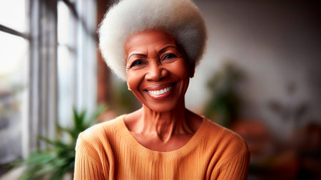 Portrait of smiling senior woman with afro hairstyle looking at cameraの素材