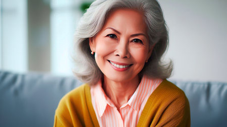 Portrait of a smiling senior woman sitting on the sofa at homeの素材