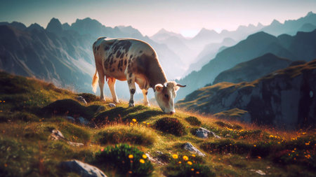 Cows grazing in the mountains. Colorful summer landscape in the mountains.の素材