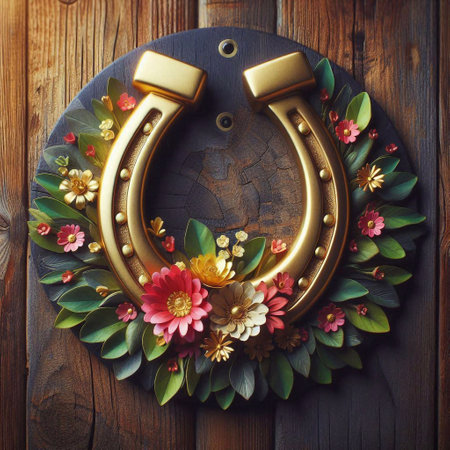 Horseshoe on a wooden background with flowers and leaves.の素材