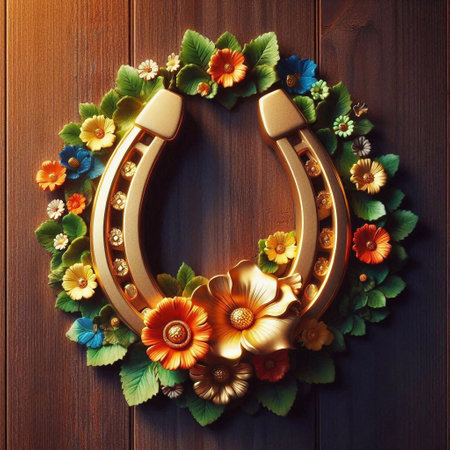 Horseshoe with flowers on wooden background. Vintage style.の素材