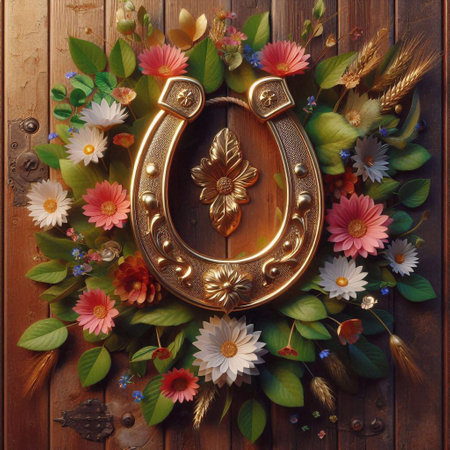 Horseshoe and flowers on a wooden background, top viewの素材