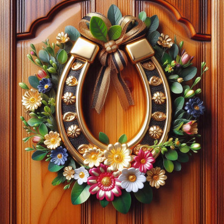 Horseshoe with a bow and flowers on a wooden doorの素材