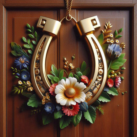Horseshoe with floral decoration on the wooden door, closeupの素材