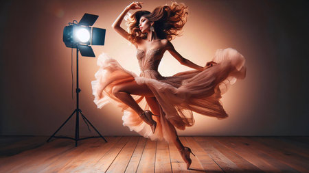 Beautiful young woman in beige dress dancing in studio with lightingの素材