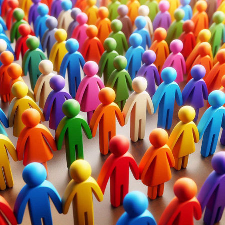 Group of colorful paper people in a row. Social network concept.の素材