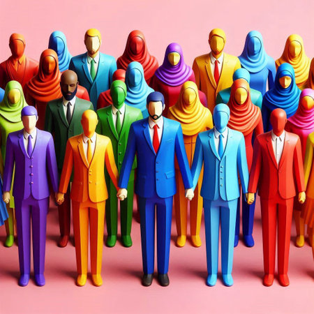 Group of multicolored plastic figures of people in a row on pink backgroundの素材