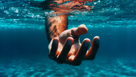 Young man swimming underwater in the sea, close-up view of handsの素材