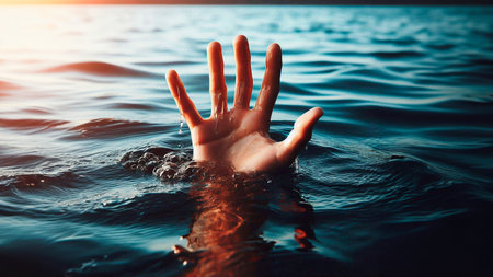 Human hand drowning in the sea. Conceptual image of drowning person.の素材
