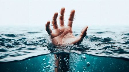 Human hand drowning in water. Conceptual image of a drowning person.の素材