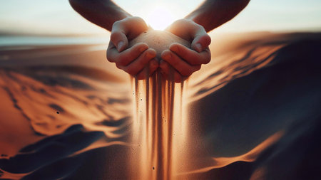 Hands of a man and a woman on the background of sand dunesの素材