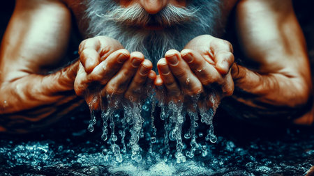 Close up of old man washing hands with water. Hands close up.の素材