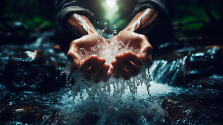 Close up of hands of a man holding water drops in the riverの素材
