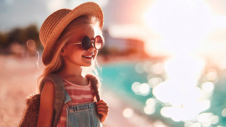 Portrait of a cute little girl wearing hat and sunglasses on the beachの素材